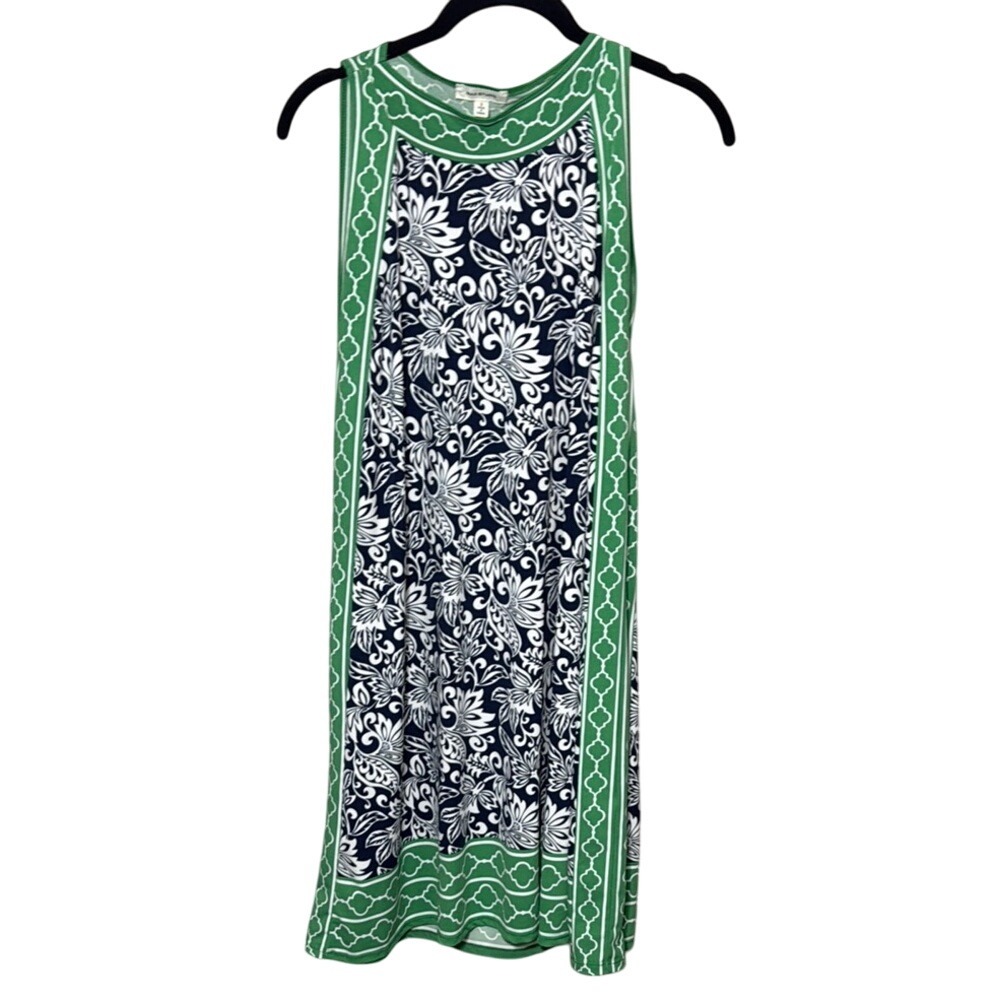 Max Studio Sleeveless Dress Floral Print Green Border Size S‎